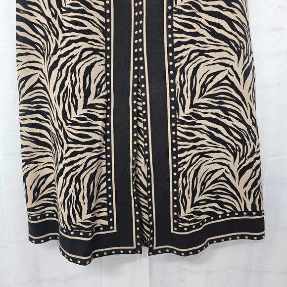 Silkland Tan Black Animal Print Pleated A-Line Skirt Tribal Safari Office 6 - Picture 3 of 14